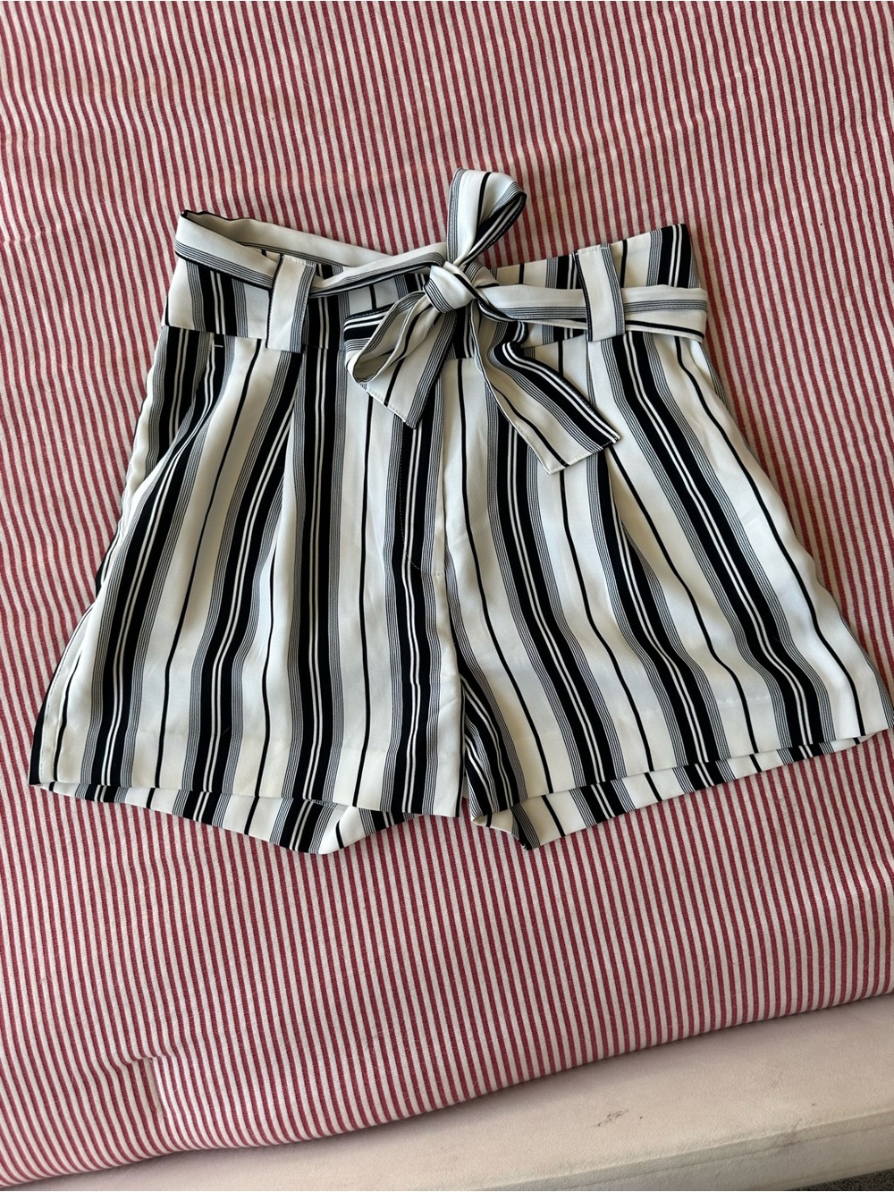 H&M Black & White Striped High-Waist Tie Shorts